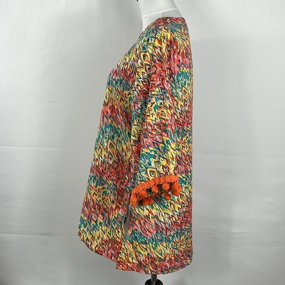 Uncle Frank Bell Sleeve Multicolor Tunic Top Dress With Pom Pom Fringe Detail S - Picture 4 of 10